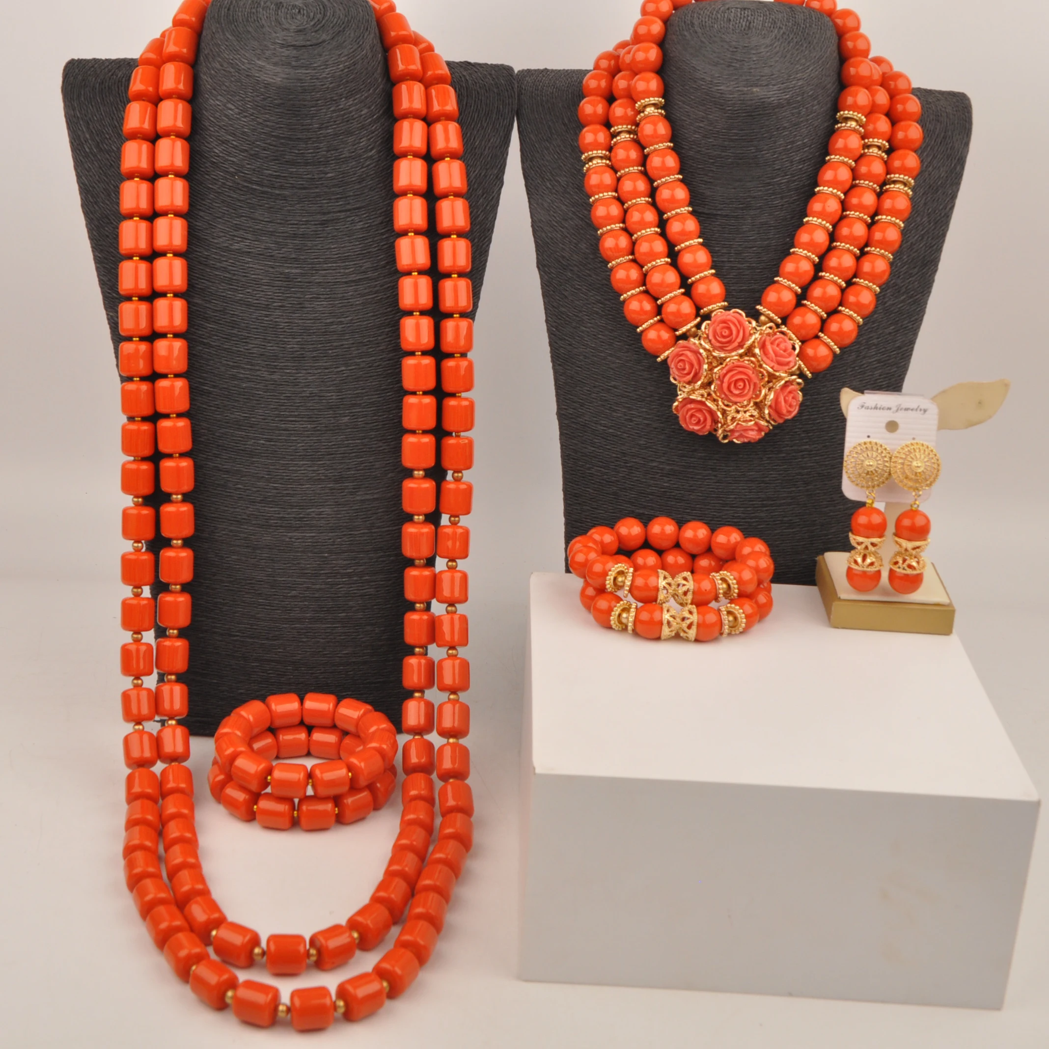 Fashion Jewelry Orange Imitation Coral Necklace African Bridal Wedding Jewelry Nigeria Wedding Newlyweds Set XIN-29