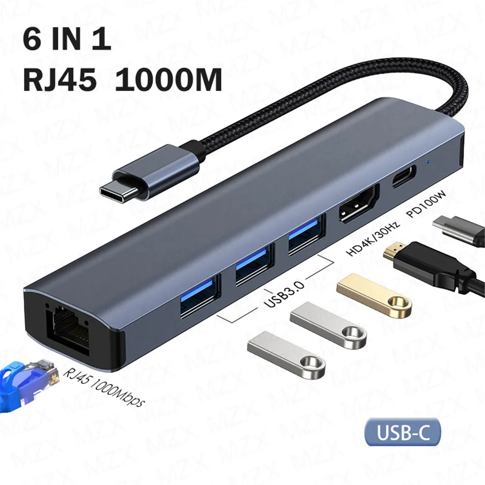 MZX Multi USB-C 3.0 Hub Docking Station 1000Mbps RJ45 Ethernet Network Concentrator Type C 1000M PD Dock 3 0 Extension Adapter