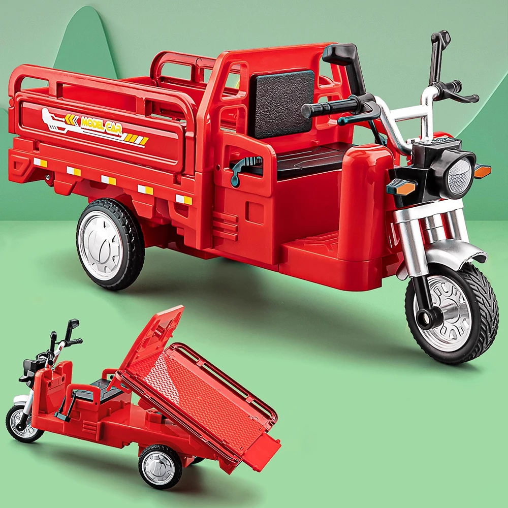 

1:12 модель трехколесного велосипеда, игрушечный автомобиль, металлический корпус, резиновые шины, связь рулевого управления, звук, свет, амортизация, доставка, фургон, модели, игрушки для мальчиков