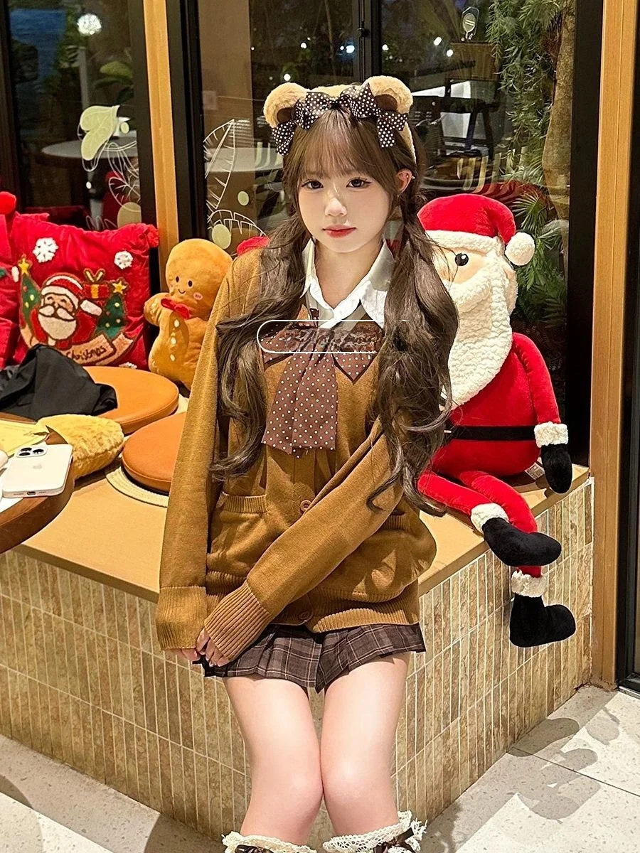 

College Sle JK orm Вязаный свитер Long Sve Универсальная верхняя одежда Caramel Horned irt с клетчатой юбкой для девочек