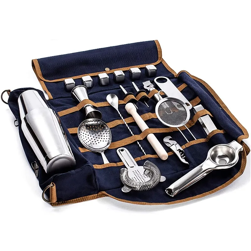 22-piece bartender kit: 800ml + 550ml Boston shaker, jigger, tools, stone, and bag | Professional mixing set | Bartender kit