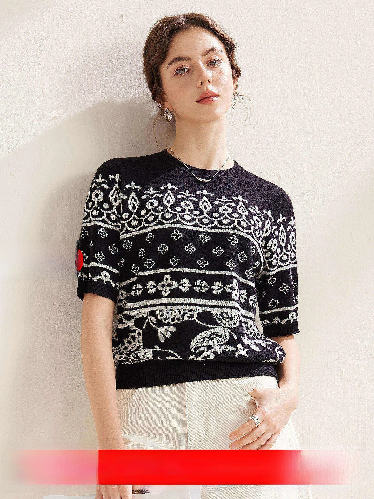

Miaojun 2026 Spring Summer New Sle Women's ort Sve Knitted T-irt with Wool Floral Pattern Casual Stand Fit Top
