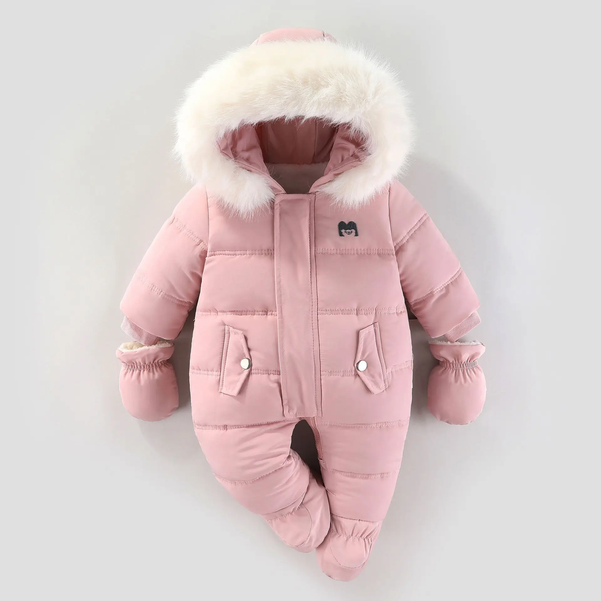 UNIFEMEN New Baby Boys Winter Rompers Fur Collar Thickened Warm Baby Boys Jumpsuit Hooded Cotton Padded Infant Boy Bodysuit