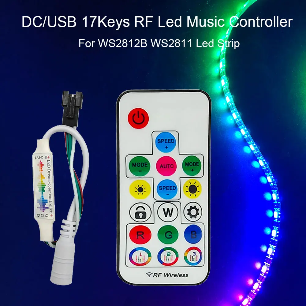 

DC/USB 17 клавиш RF WS2812B WS2811 Пиксельная светодиодная полоса освещение музыкальный контроллер с 358 режимами изменения 5-24 В