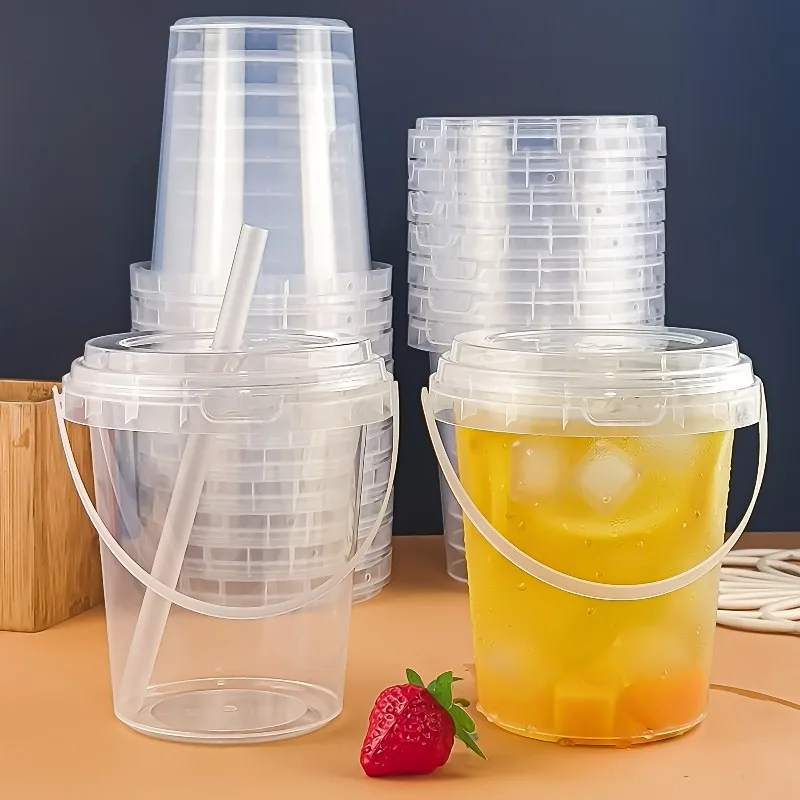 1L transparent ton bucket disposable milk tea fruit scoop king bucket, with lid and handle outdoor accompanying bucket