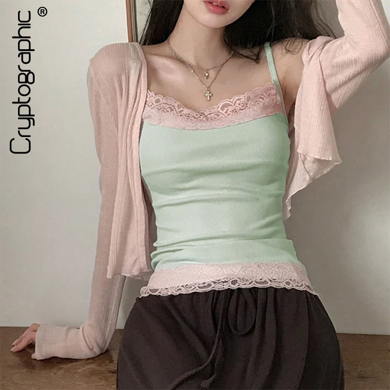 Cryptographic Coquette Female Clothing Sweet Lace Camis Top Romantic Cottagecore Vibrant Color Outfits Chic Girls' Daily Wear