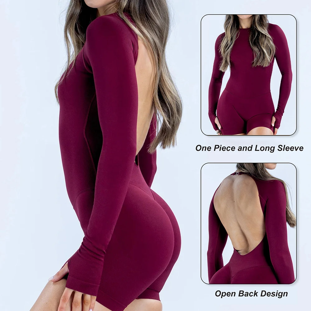 Seamless Long Sleeve One Piece Gym Clothes Padded Yoga Bodysuit Open Back Fitness Workout Jumpsuit Scrunch Butt Sportswear Woman