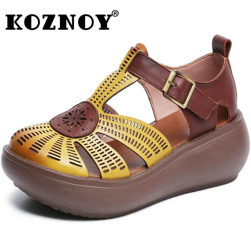 

Koznoy Women's Sandals 6cm Summer Hollow Genuine Leather Ethnic Hook Moccains Fashion Platform Wedge Mixed Color Elegance Shoes