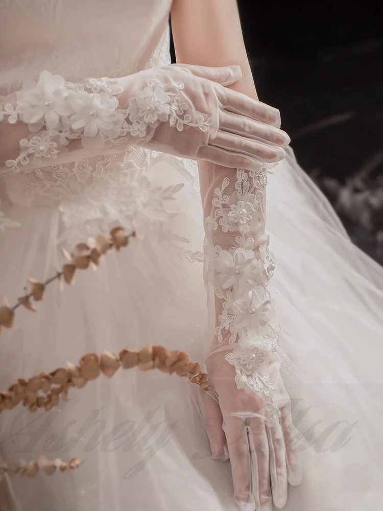 Neue Ankunft Design Hochzeit Handschuhe Blume Applique Ellenbogen Länge Volle Finger Frauen Prom Party Abend Handschuh Braut Braut Zubehör