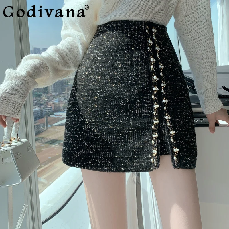 

Large Size L-4XL Women Autumn Winter Beads Sexy Split Skirt Fashionable Black High Waist A-line Versatile Korean Short Skirts