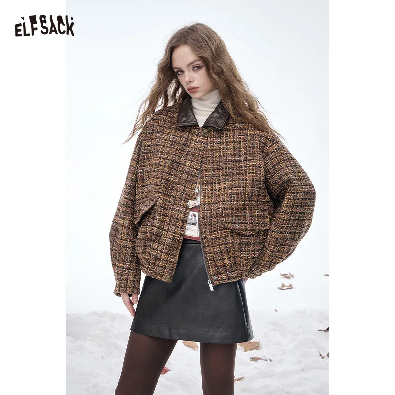 

ELFSACK 2025 Winter New Arrivals Y2K Vintage Loose Plaid Faux Leather Lapel Wool Blend Coat For Women