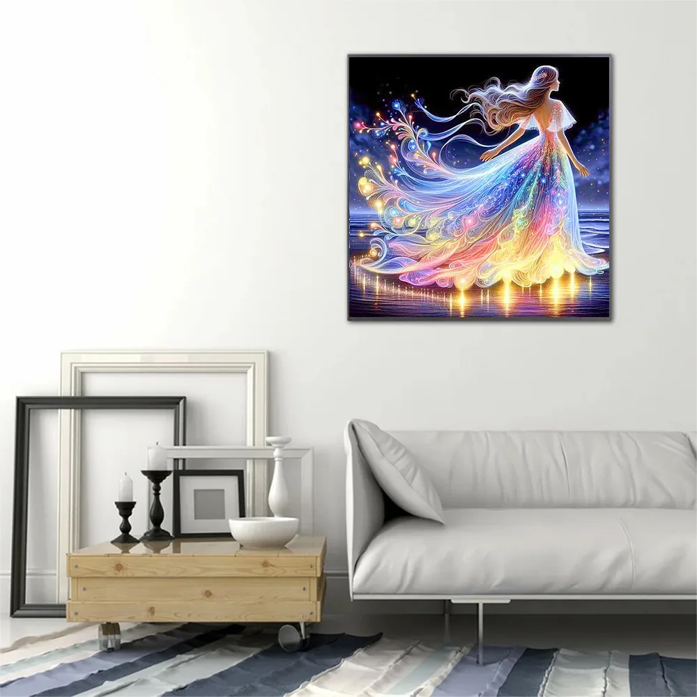 HUACAN Diamond Mosaic 5D Girl Portrait Painting Full Square Round Seaside New Arrivals Evening Dress Personalized Gift