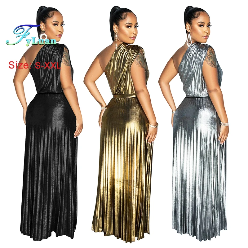 เดรสออกงานกลางคืนแฟชั่นใหม่สำหรับผู้หญิง ดีไซน์หรูหรา แต่งลายปั๊มร้อน ไหล่เฉียง แขนกุด สีพื้น เซ็กซี่ ชายระบายสวยงาม เหมาะสำหรับงานพรอม