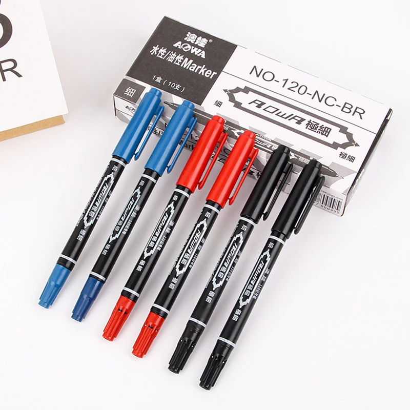 10 Stück Twin-Tip-Ölmarker in Schwarz/Blau/Rot, 0,5/1 mm, doppelköpfiger Permanent-Kunstmarker, Schreibwaren, Schul- und Bürobedarf – Detail 6