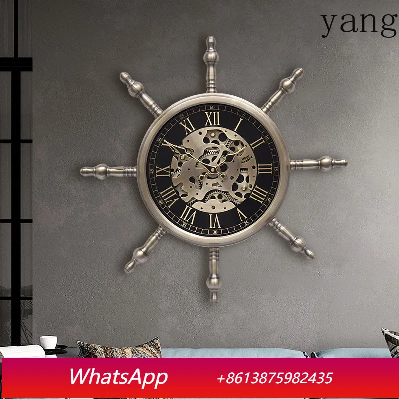 Reloj de pared giratorio con engranajes antiguos YJQ, reloj de pared retro europeo personalizado con diseño de timón romano antiguo para el hogar.