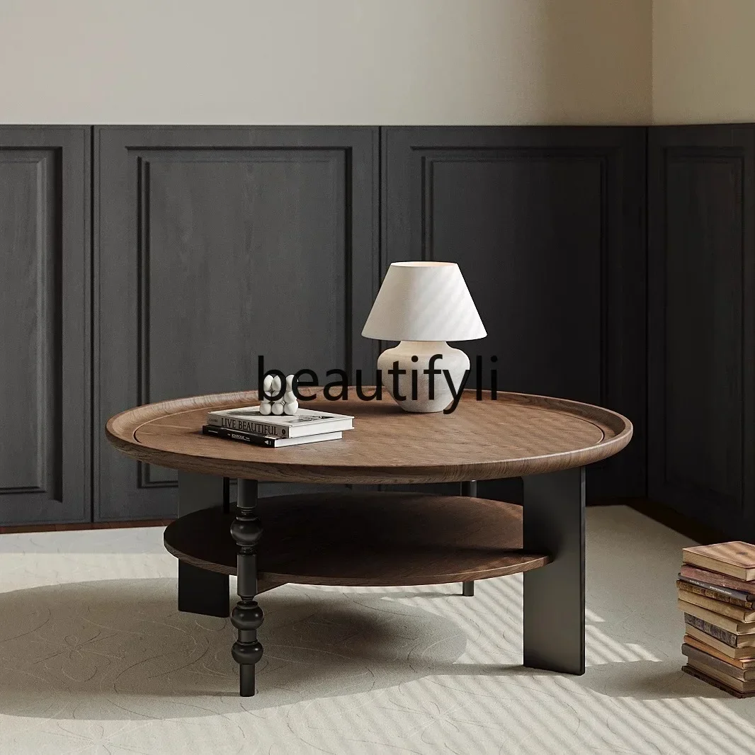 

French retro solid wood coffee table living room round coffee table American medieval tea table