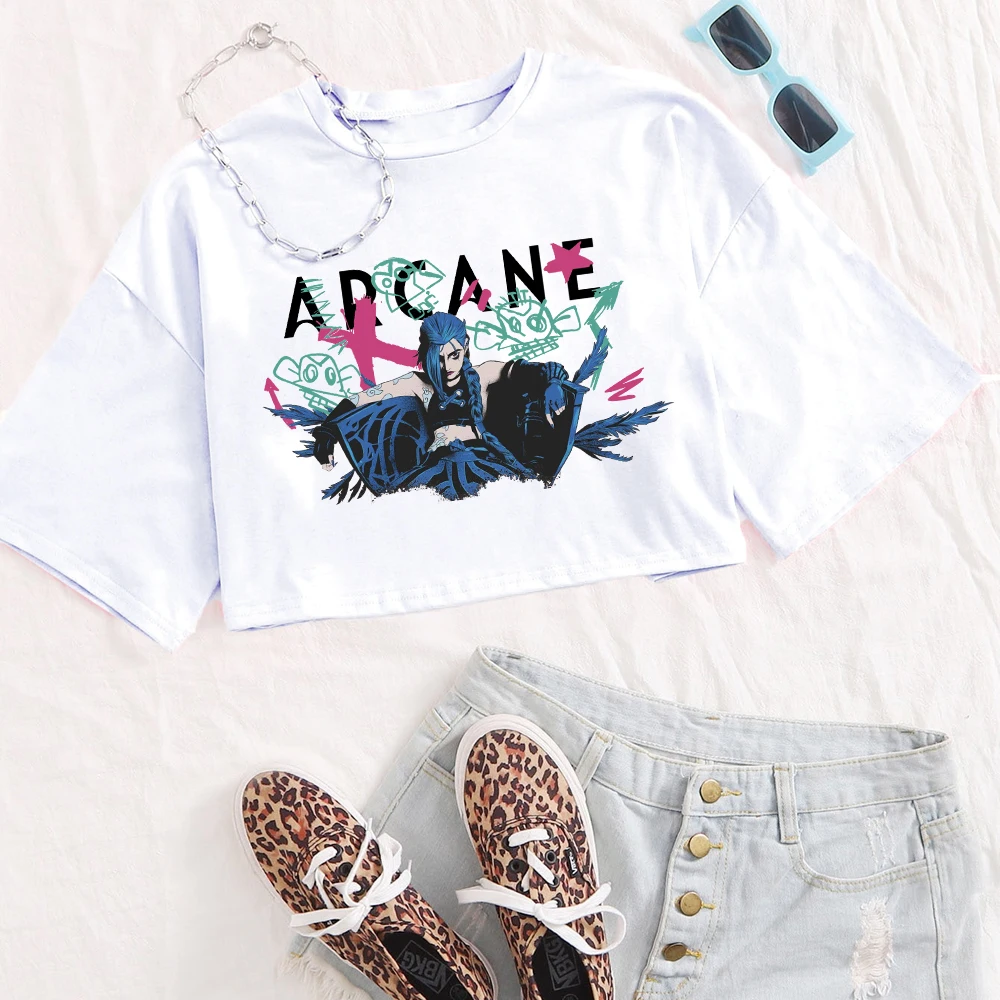 Jinx Arcane Poster Girls O-Neck Casual Women Crop Shirts