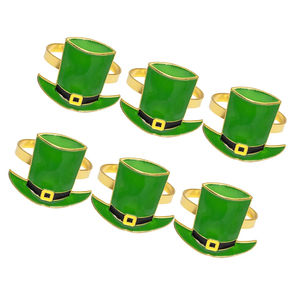 

6 Pcs Napkin Rings Green St Patrick Day Hat Buckle Metal Shamrock Decorative Table Brooch Leprechaun Pin Bling