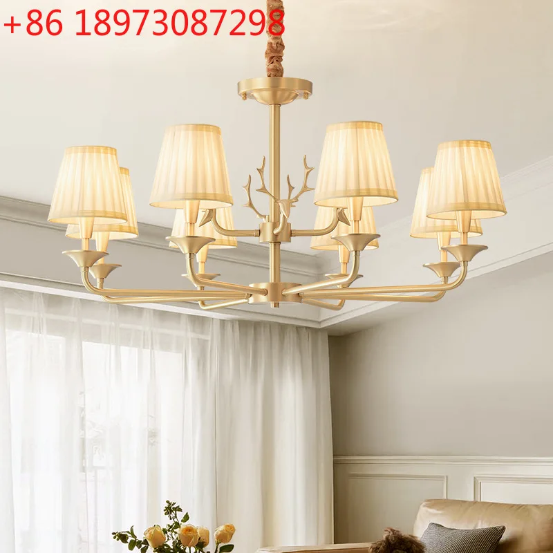 

American chandelier living room French retro bedroom high-end light luxury medieval all-copper antler lamp