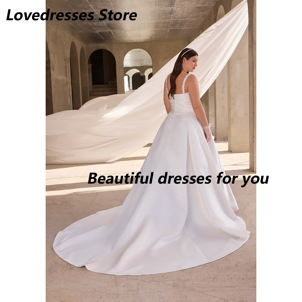 Brautkleider in Übergröße, maßgeschneidert, ärmellos, V-Ausschnitt, Perlen, Falten, Satin, A-Linie, Brautkleid, Sweep-Zug, Brautkleider