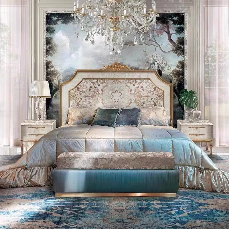 French Double Bed English Solid Wood Carving Flower Shell Inlaid Bedroom Fabric Princess  Wedding  European Luxury