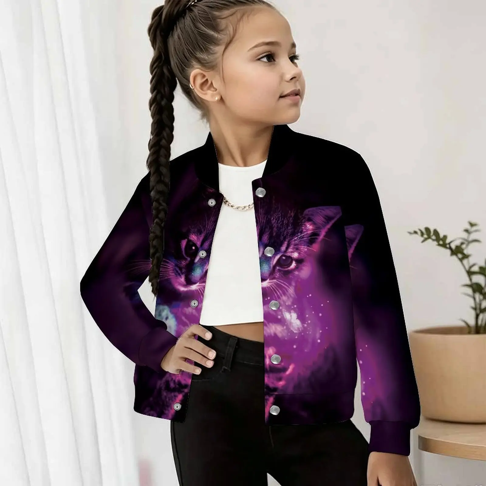 Girls Retro Trend Print Long Sleeve Jacket ,Sweet Casual Outerwear for Everyday Party