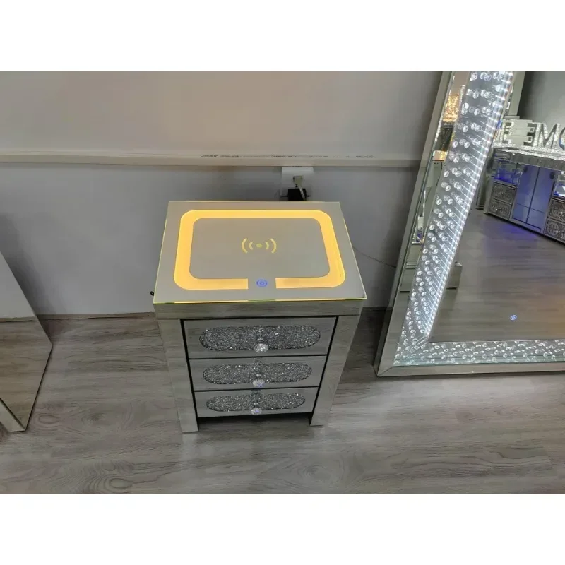 YX Modern bedside table with 3 crystal drawers and storage cabinet, mirror bedside table with USB port