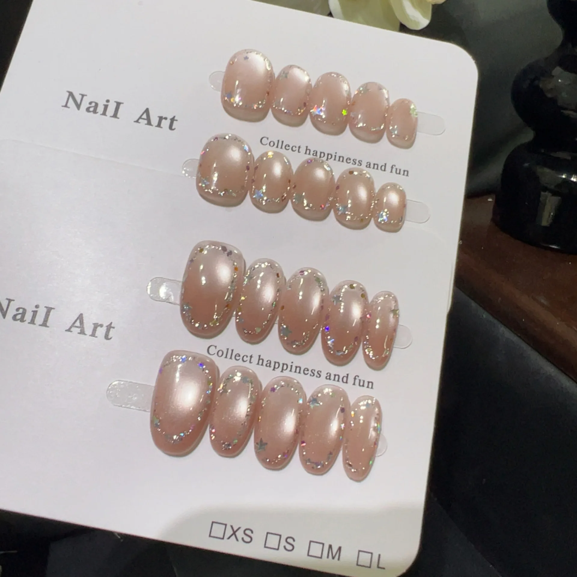 10pcs Handmade Short Press on Nails Nude Pink Crystal Glass Beads Cat Eye Glitter Sequins Design False Nails Wearable Nails Art