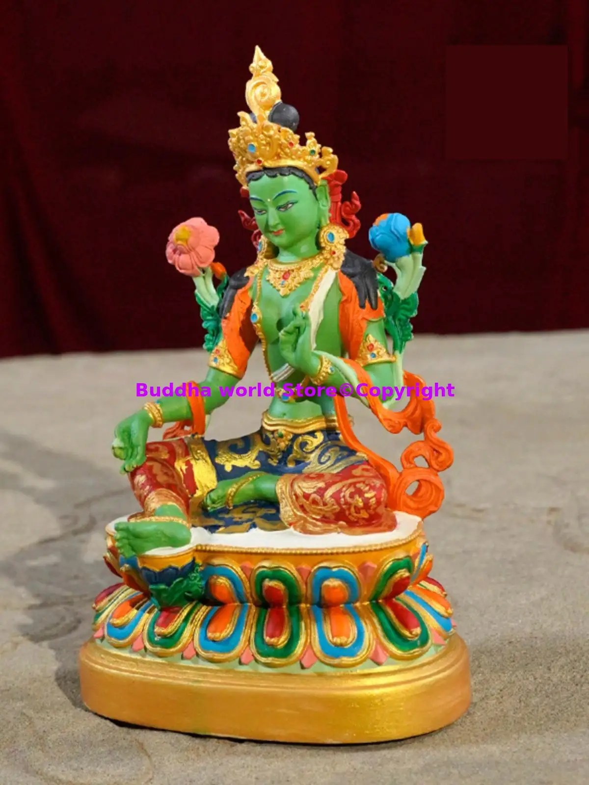 intangible heritage 100% Handmade wood carved Buddha statue color painted figure of the Buddha green tara Bodhisattva 15cm