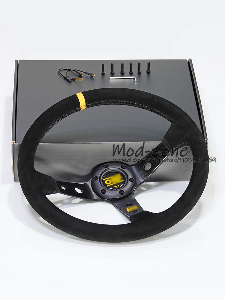 14 Inch 350MM Deep Corn Suede Leather Black Stitch Racing Steering Wheel