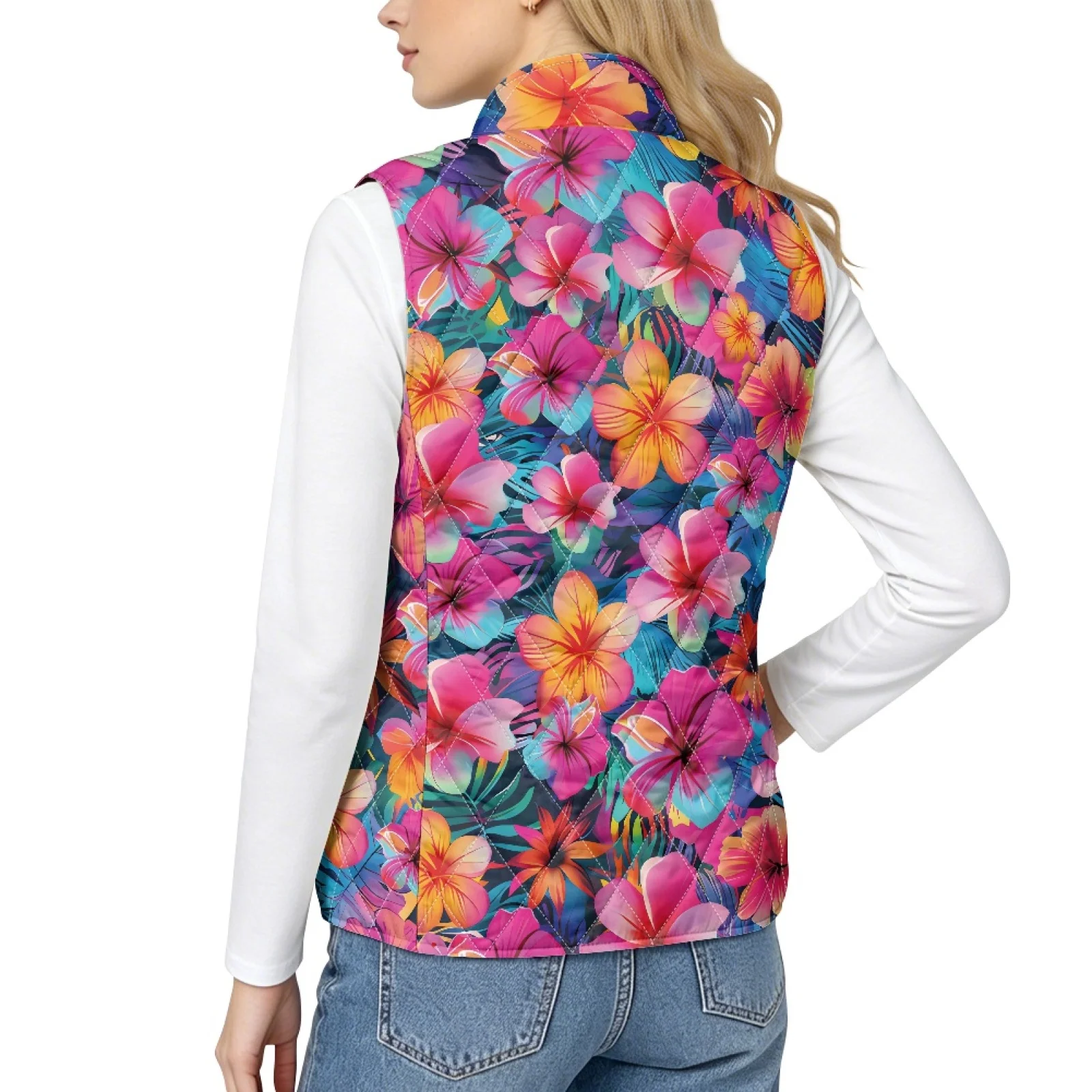 PENSTROLL Hibiscus Flower Quilted Gilet Ladies Warm Quilted Padded Vest for Women Women's Quilted Jacket Vest for Fall Winter