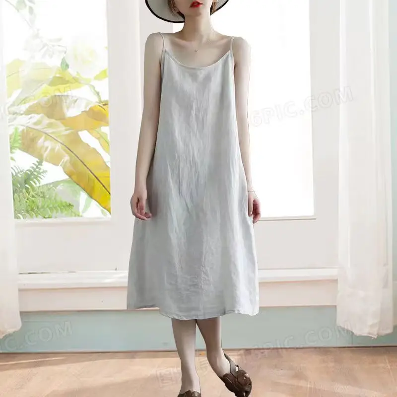 Women Casual Loose Strap Dress Retro Elegant Soft Cotton Linen Dress Sleeveless A-Line Straight Beach Holiday Dress Summer Thin