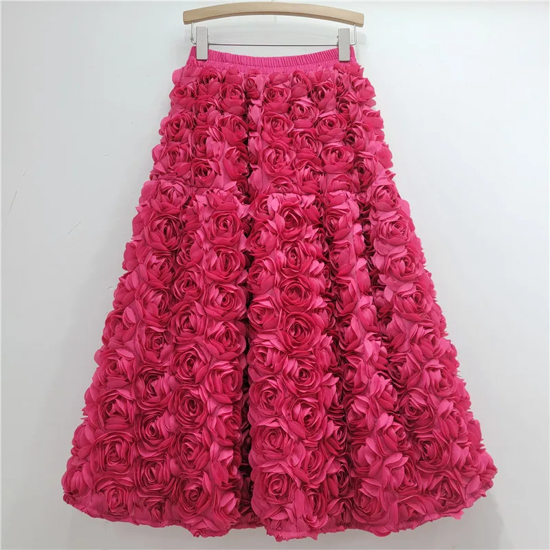 Damen Ästhetischer Märchenhafter 3D-Rosen-Blumen-Midirock Elastischer Hochtaillierter A-Linien-Schwingrock Langer Rock Romantischer Party-Freizeit-Maxirock – Detail 10