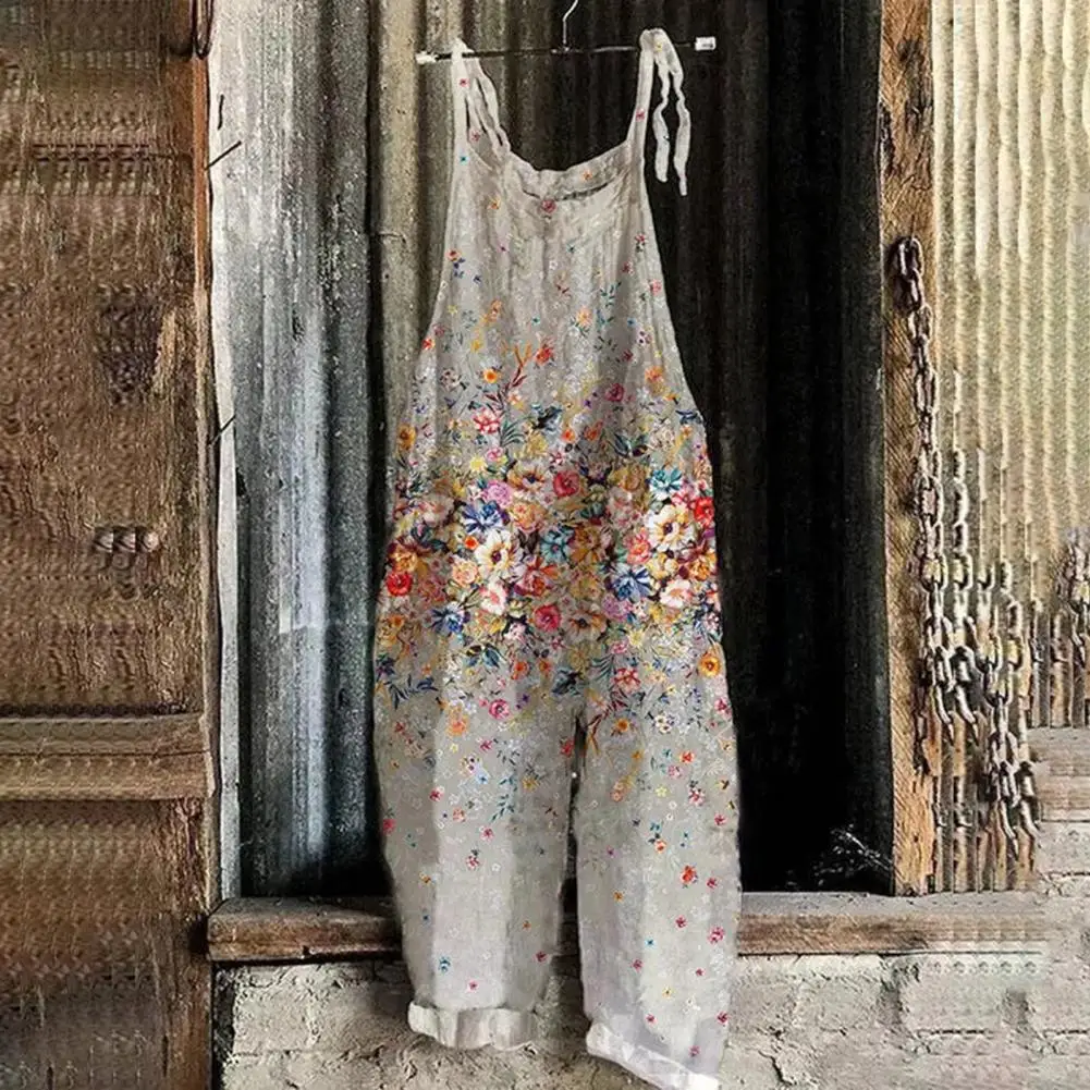 Women Jumpsuit Lace-up Strap Retro Loose Floral Print Deep Crotch Deep Armpit Backless Daily Wear Casual Suspender Lady Jumpsuit