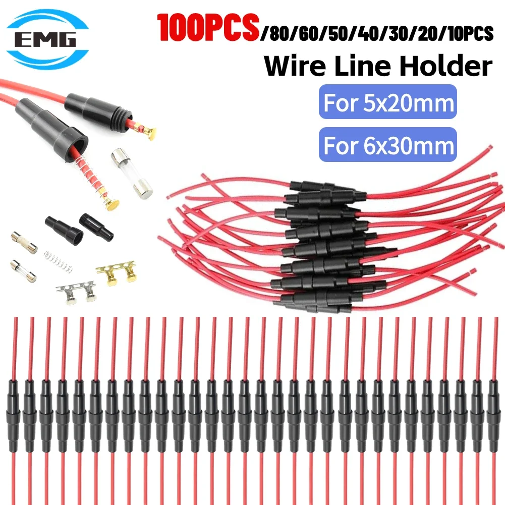 10-100pc Quick Impact Glass Fuse Holder Preventing Short Circuits Wire Line Holder 5x20/6x30mm Glass Tube Fuse Holder Auto Parts