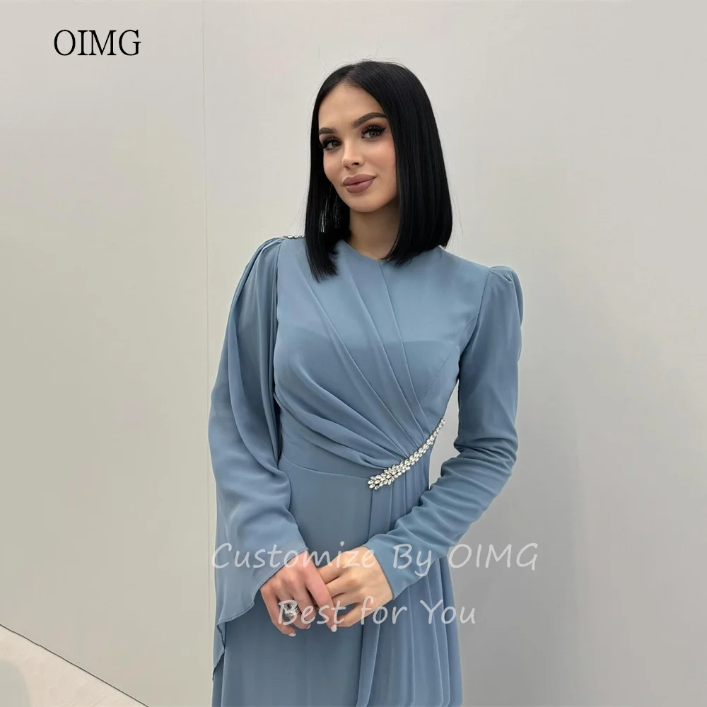 OIMG Elegant Blue A-line Prom Gowns Long Sleeve Formal Party Gown Chiffon Floor Length Evening Dress vestidos de fiesta
