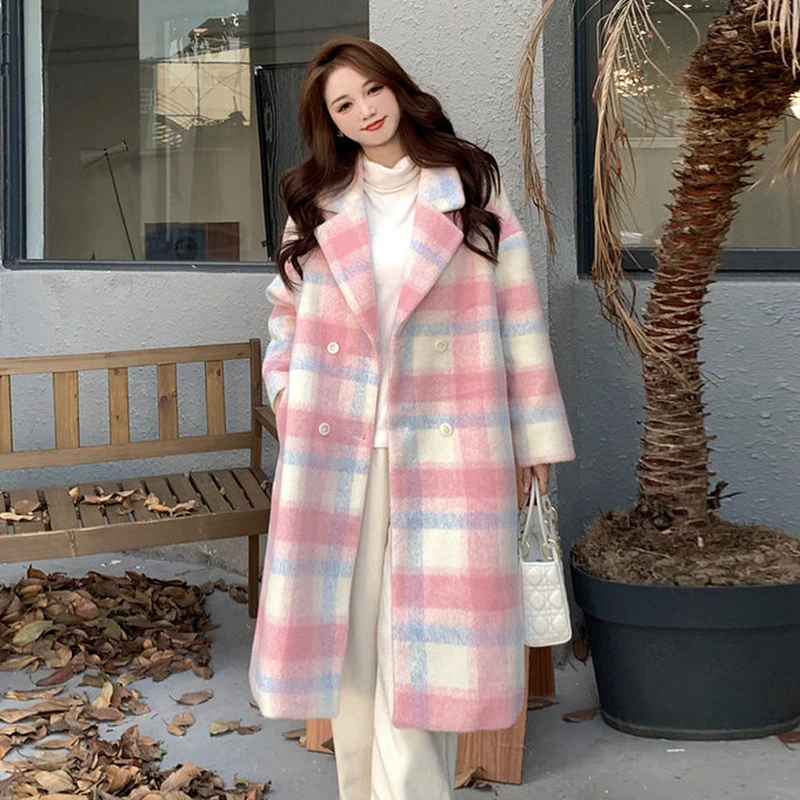 

Woolen Coat Women 2024 Autumn Winter New Korean Style Fashion Long Sleeves Double Breasted Female Overcoat Casual Lady Outwear