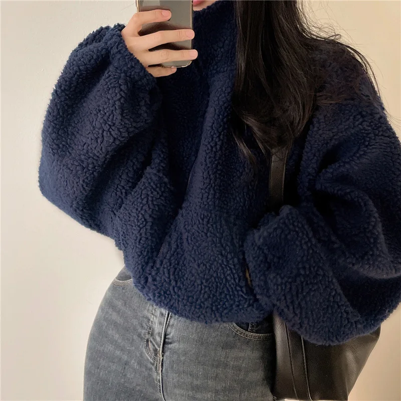 Koreanischer Stil Stehkragen-Hoodie mit Reißverschluss Übergroßer Damen-Hoodie für Herbst/Winter Lammwolle Langarm-Freizeitoberteil Y2K Streetwear-Stil – Detail 12