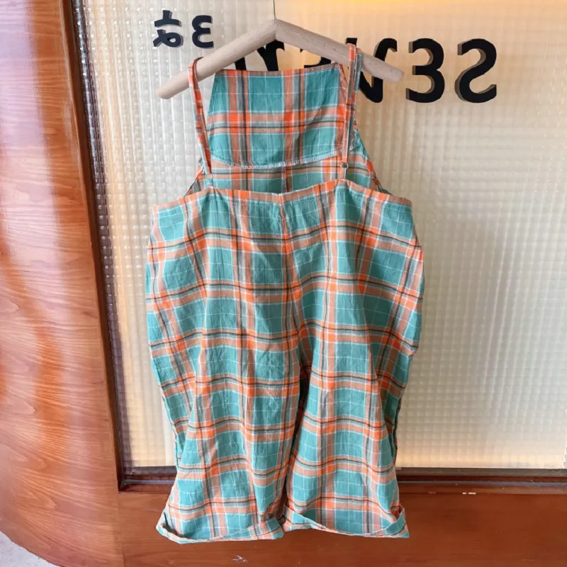 Summer Baby and Girls Cotton Sweet Plaid Oversized Adjustable Suspender Bodysuits Kids Jumpsuits Children Overalls Outfits 2-8Yr