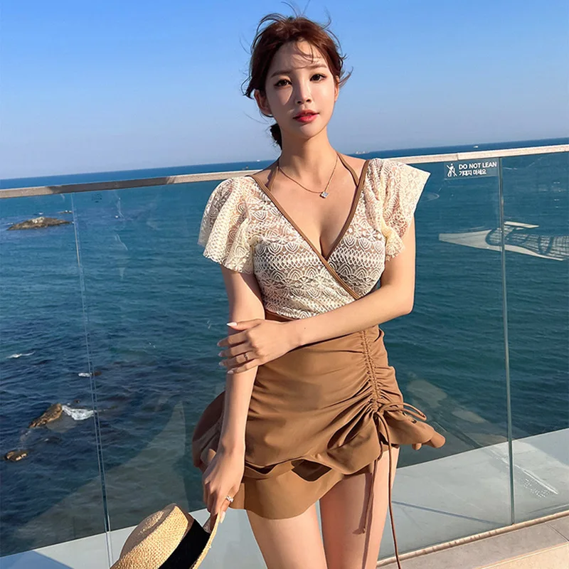 Wisuwore 2023 New Korean One Piece Swimsuit Women Bathing Suit Half Sleeve Halter Bikini Set Student Hot Spring Swimsuit