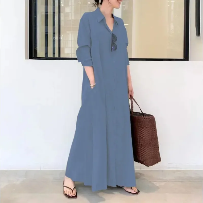 Abayas For Women Cotton Linen Solid Color Lapel Long Sleeve Pocket Robe Femme Musulman Simple Loose Casual Long Shirt Dress
