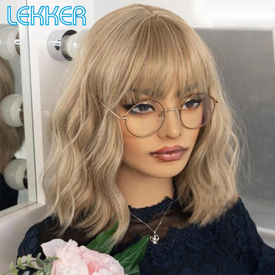 

Lekker Short Gold Blonde Bone Straight Bob Human Hair Wigs With Bangs For Women Brazilian Remy Hair Full Machine Made 18" Wigs