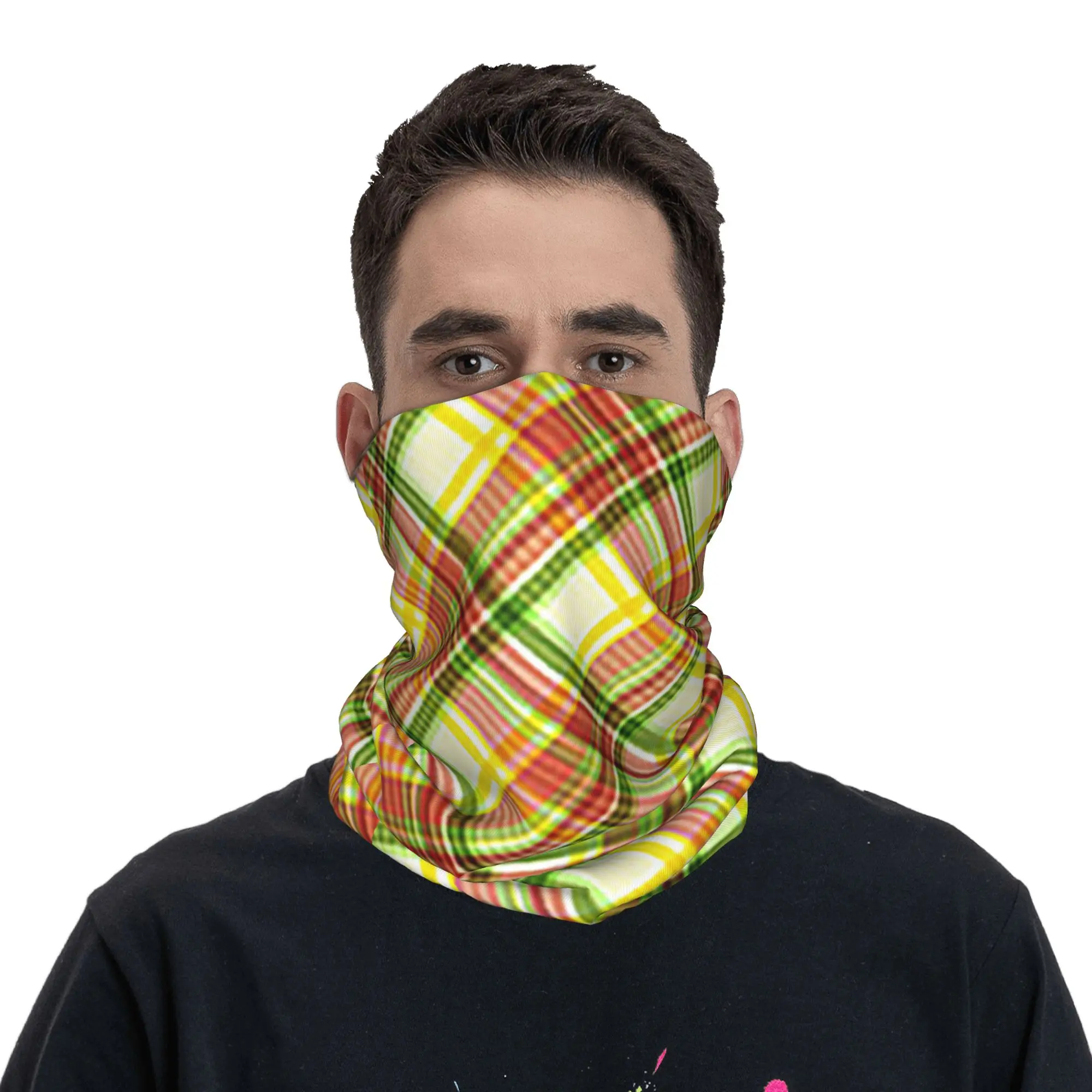Yellow And Green Plaid Design Bandana Neck Cover Printed Mask Scarf Warm Face Mask Hiking Fishing For Men Women Adult view 2