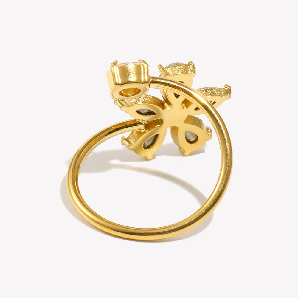 E.B.belle Elegant Style Double Layers Zircon  Flower Ring 18K Gold Plated Stainless Steel Women Open Finger Jewelry