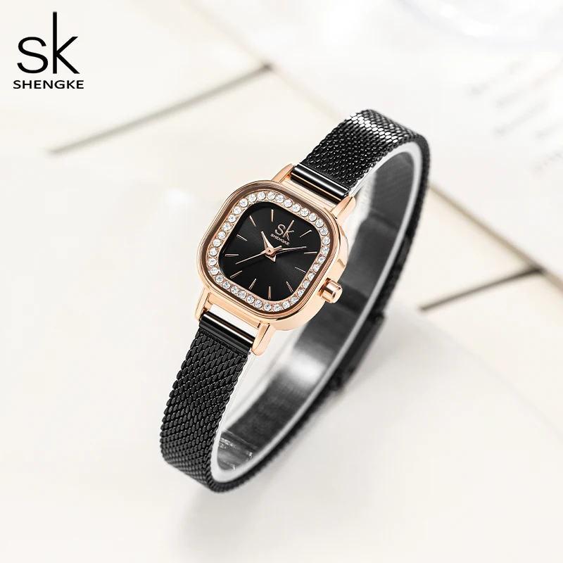 Shengke New Luxury Watch For Women Classic Square Rhinestone Dial Women\'s Watches Black Milanese Strap Japanese Quartz Movement