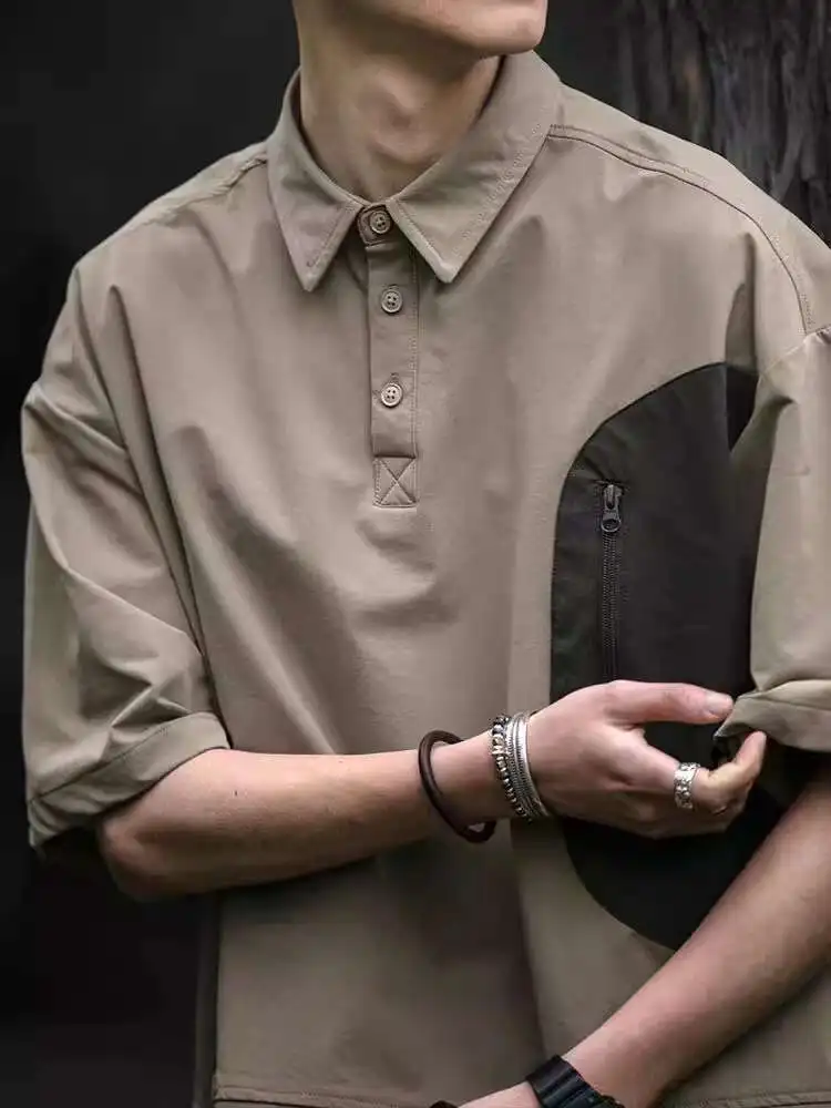 Composite Color Blocked Short Sleeved Shirt For Men's Summer New Item, Pocket Zipper Loose Pullover Shirt T-shirt