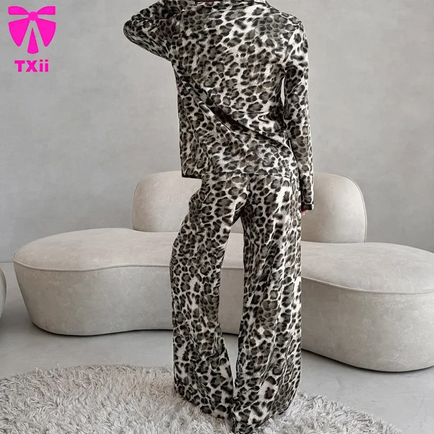 TXii New Leopard Print Women\'s Pajama Set Spring Autumn Ladies Homewear Turn Down Collar 2 Pcs with Pant Pyjama Suit Female