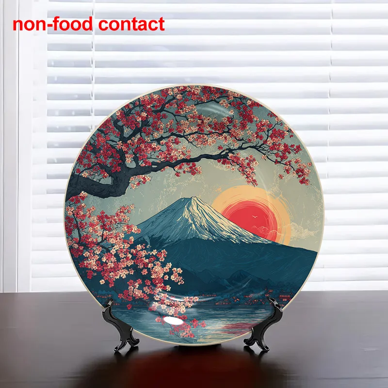 Ukiyo-e Mount Fuji Cherry Blossom Sunrise Ceramic Decor Plate/Hanging Wall Art, Suitable for Families, Living Rooms, and Offices