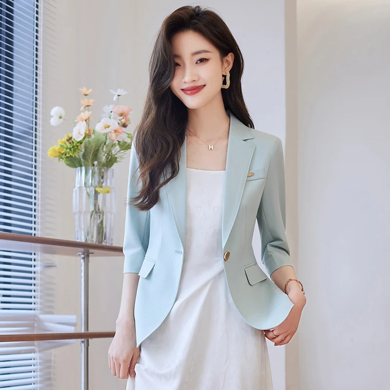 NAVIU Spring Summer Beige Office Lady Blazers Blue Single Button Women Elegant Colthing Half Sleeve Casual Black Suits Coat 2024