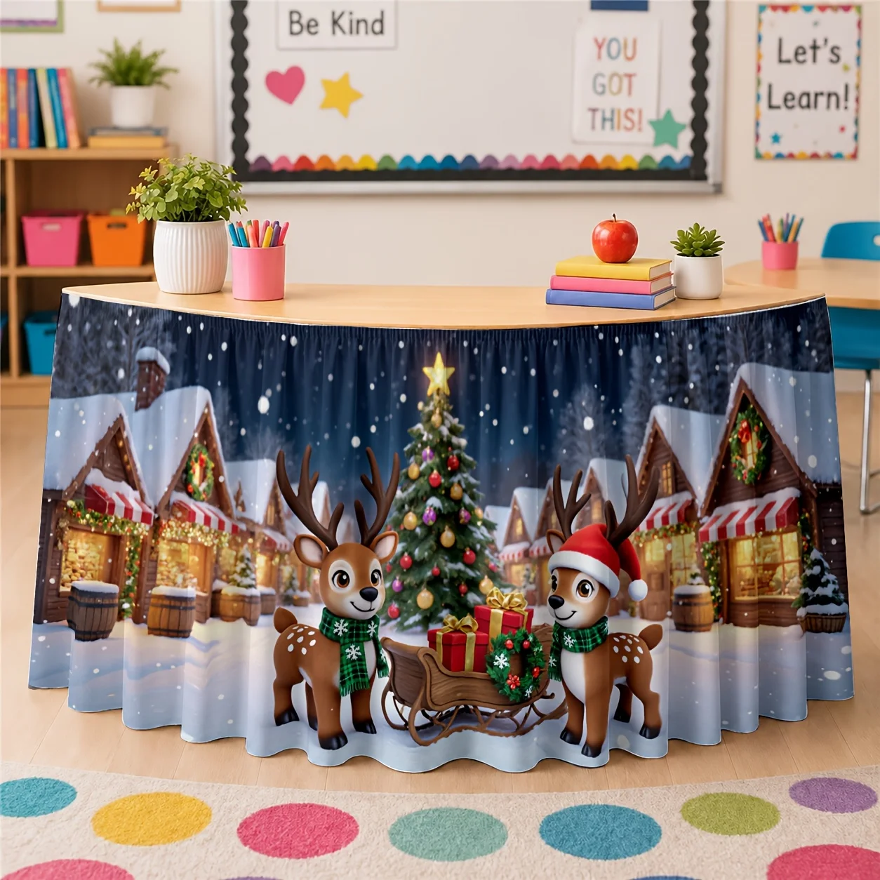 tableskirt - winter - Christmas - celebration - atmosphere - warm - snow scenery - wooden house - deer - Christmas tree - gift